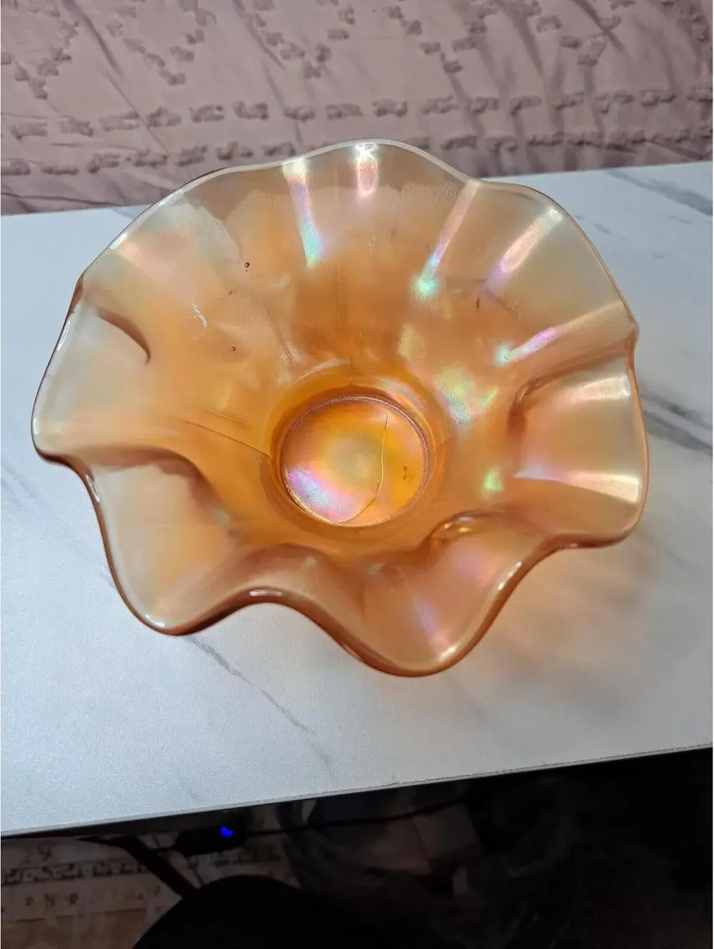 Vintage Iridescent Marigold Carnival Glass Bowl with Ruffled Edge 6